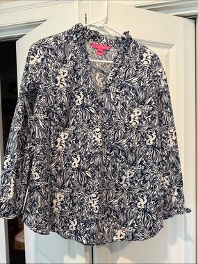 Lilly Pulitzer Navy and White Floral Blouse
